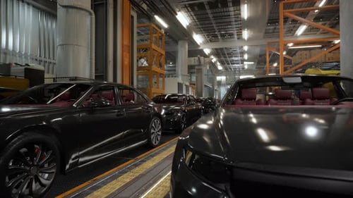 Intérieur d'une usine automobile. Carrosserie de couleur noire sur une chaîne de montage de voitures