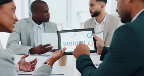 Business people, tablet and meeting in marketing statistics, graph or chart discussion at office