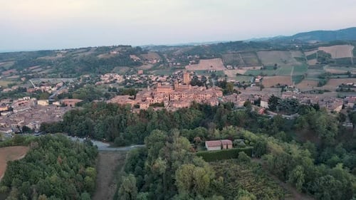 drone pull out of Castell'Arquato village in Emilia Romagna Italy
