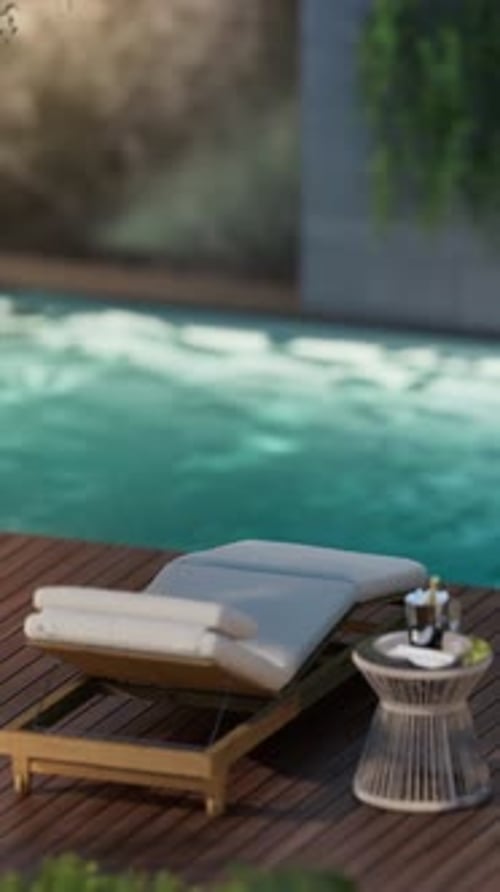 Exterior design details, close-up shot, two sun loungers by the pool.