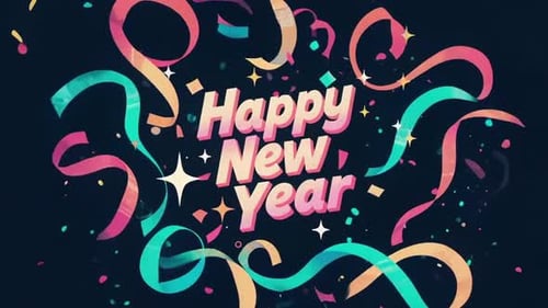 Happy New Year Celebration Title Animation with Confetti and Streamers