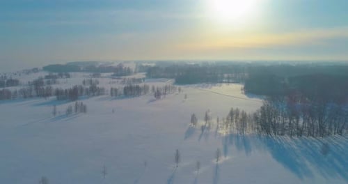 Aerial View of Cold Winter Landscape Arctic Field Trees Covered with Frost Snow Ice River and Sun