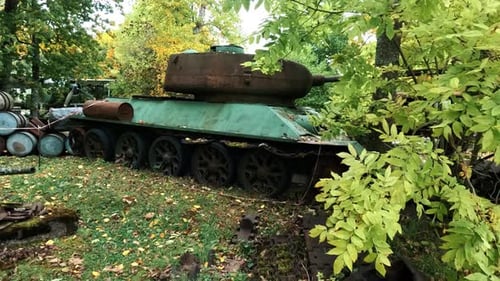 Old Soviet Russian Military Vehicle, Destroyed War Ukraine Army Technical Tank Gun Industrial. Russi