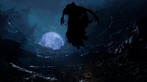 Shadow Rises From Red Portal in Spooky Haunted Graveyard on a Halloween Ghost Night