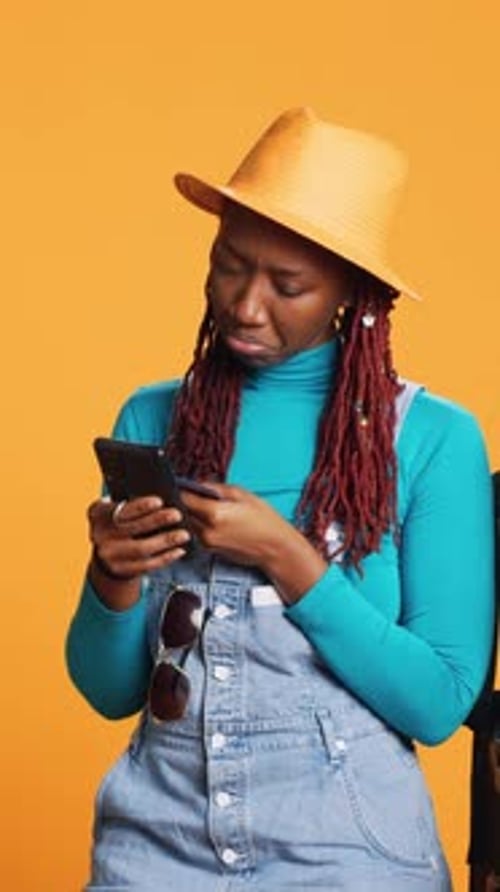 Vertical Video Happy Girl Tourist Doing Online Shopping