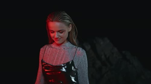 Fashion Model Walking Night Rocky Shore Closeup Confident Sexy Woman Looking