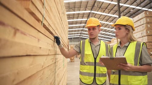 Beide Arbeiter arbeiten in einer Holzfabrik und überprüfen das Inventar und das Holz im Holzlager