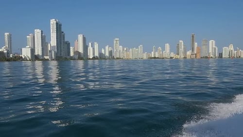 Bocagrande Peninsula of Cartagena, Colombia, Sailing by Waterfront Hotel Towers and Apartment Buildi