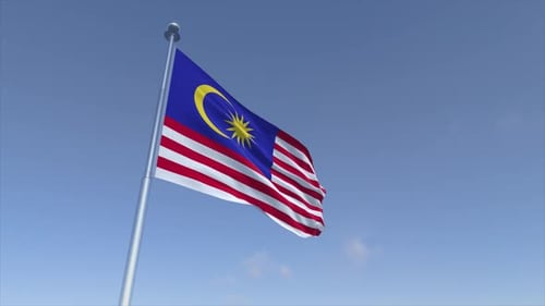 Realistic Malaysian Flag Waving in Blue Sky