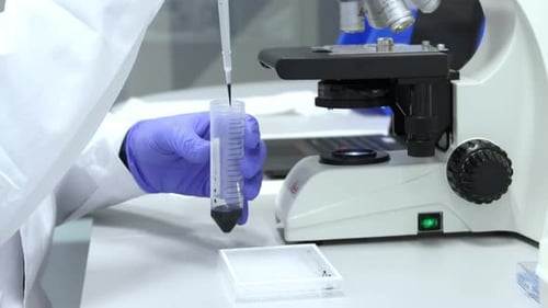 Nahaufnahme Wissenschaftler platzieren im Labor Probentropfen auf Objektträger