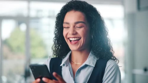 Woman, reading and phone with social media in office for funny post online