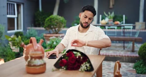 Watch, late and frustrated with man in restaurant for online dating crisis