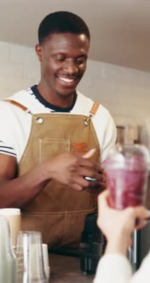 Customer, barista or POS machine with phone in cafe for tap payment, smoothie purchase and sale