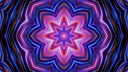 Colorful flower with blue center and purple center. Kaleidoscope VJ loop