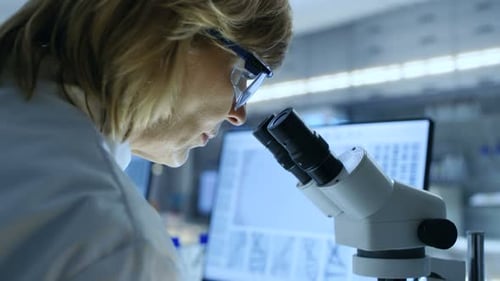 Die
leitende Biologin arbeitet an ihrem Computer und betrachtet Materialien unter dem Mikroskop. Sie ist in einem M