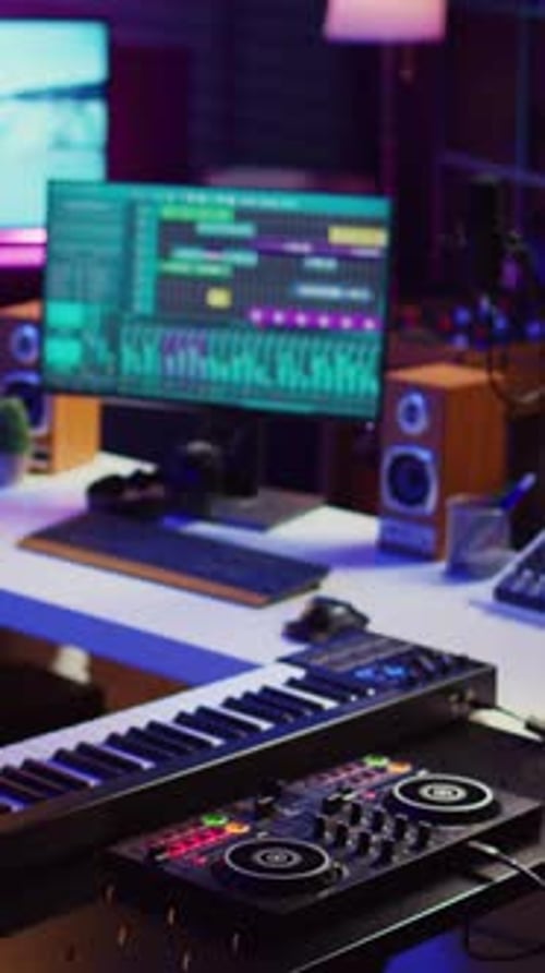 Modern Music Recording Studio with DJ and Computer