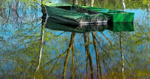 Boats Moored Near Trees That Standing In Water During Spring Flood Floodwaters Reflection of Trees