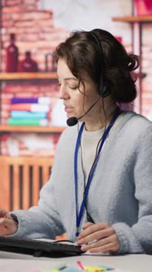 Woman Working at Computer Wearing Headset