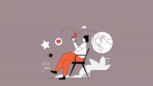 Animated Illustration of Person Using Phone with Social Media Icons