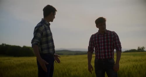 Two Male Farmers Discussing In Field Agriculture Crops Business Talking