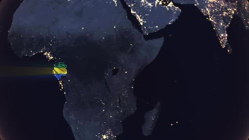 Gabon Flag Map Reveal on Rotating Earth with Light Rays