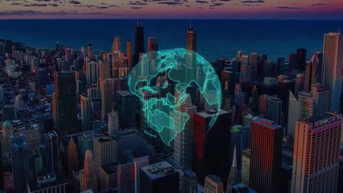 Digital Globe Overlay on City Skyline at Sunset