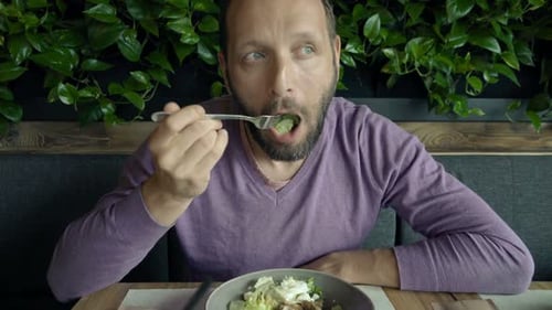 Young Man Eating Salad Sitting on Sofa in Cafe 30s