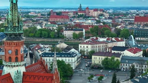 Aerial Hyperlapse of Podgorze District in Krakow with View of Royal Wawel Castle