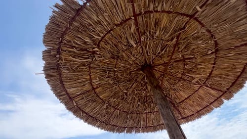Wide angle tilt down panorama of wattled straw beach umbrella to beach and sea view. Low-angle. Wood