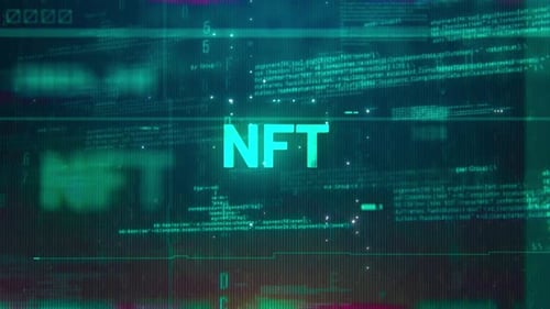 Futuristic NFT Text Reveal with Glitch Code Background