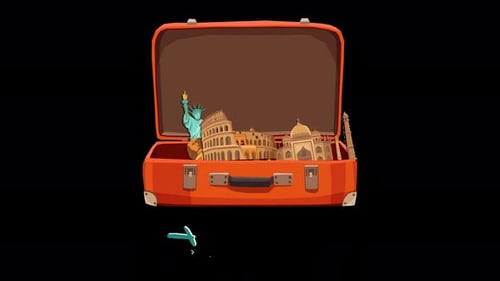 travel suitcase with different touristic places of the world 4k animation with alpha channel