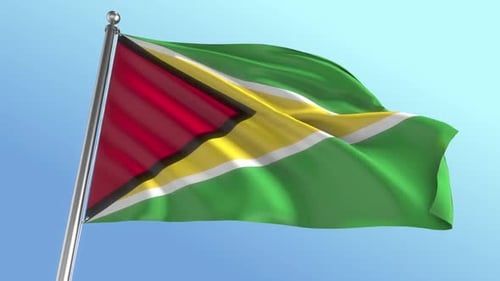 Animated Guyana National Flag Waving in Wind Against Sky