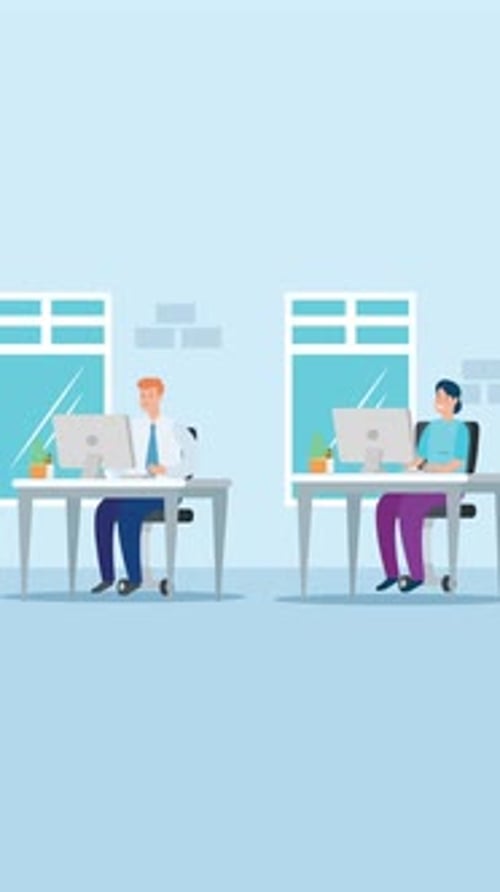 Group Of Office Workers Sitting At Desks And Communicating Or Talking On Vertical