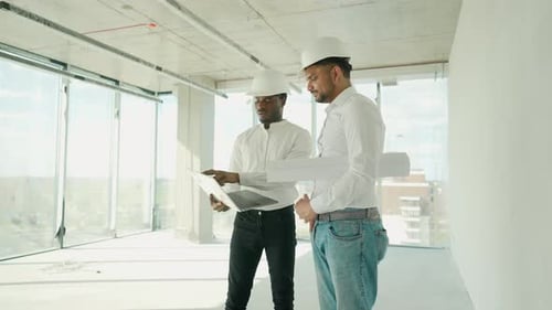 Two Diverse Construction Workers Working Together While Visiting a New Building