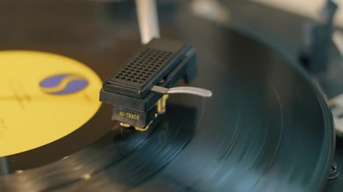 Vinyl Record Spinning on Record Player Close Up