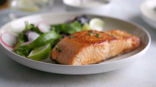 Grilled Salmon Fillet and Fresh Vegetable Salad Mediterranean Diet