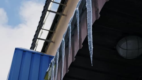 Sharp Icicles Hanging From a Roof Eave in Winter
