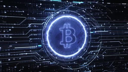 Glowing Bitcoin Symbol on Futuristic Digital Circuit Network