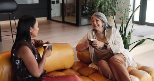 Two Women Chatting and Drinking Coffee Indoors