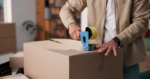 Man Taping Cardboard Box with Tape Gun Indoors