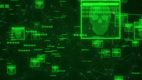 Hacker Skull With Binary Code Animated On Black Bg. Hacker Skull And Plexus Network Connected