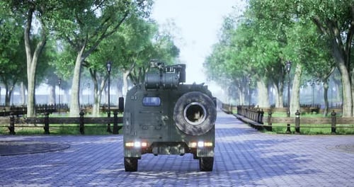 Military Vehicle Driving Through a Peaceful Tree Lined Park Pathway