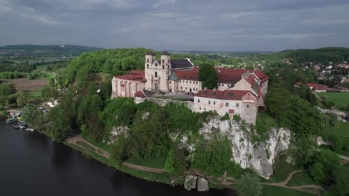 Aerial shot of Benedictine Abbey, historic hilltop in Tyniec