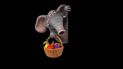 Lustiger 3D-Cartoon-Elefant mit Früchten (auf Alpha)