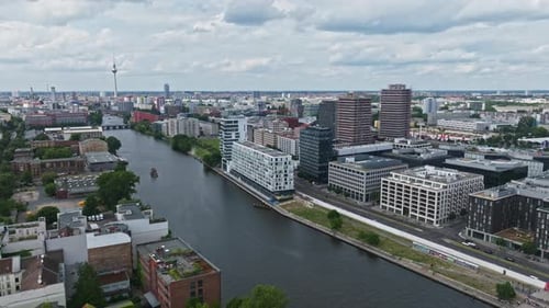 Aerial view of modern buildings on the bank of spree river Berlin, Germany .