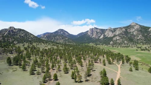Aerial Drone Shot Of Beautiful Rocky Mountain Foothills Landscape With Scenic Pine Tree Forest Land