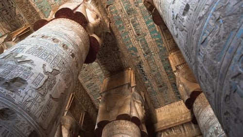 dendera temple view of the pillars carved with ancient Egypt hieroglyphic, unesco world heritage sit