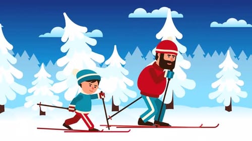 Father and Son Skiing in Snowy Winter Forest Cartoon Loop Animation
