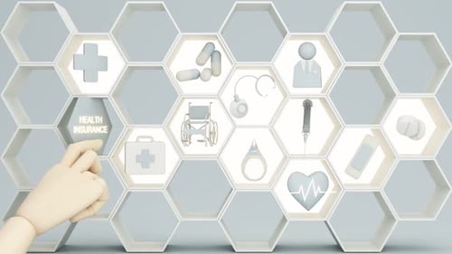 Health Insurance and Medical Icons in Hexagonal Grid