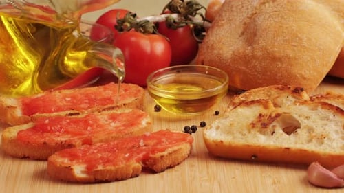 Delicious Tapas Bread with Tomatoes Pasta with Olive Oil Closeup Bruschetta with Red Sauce Ketchup